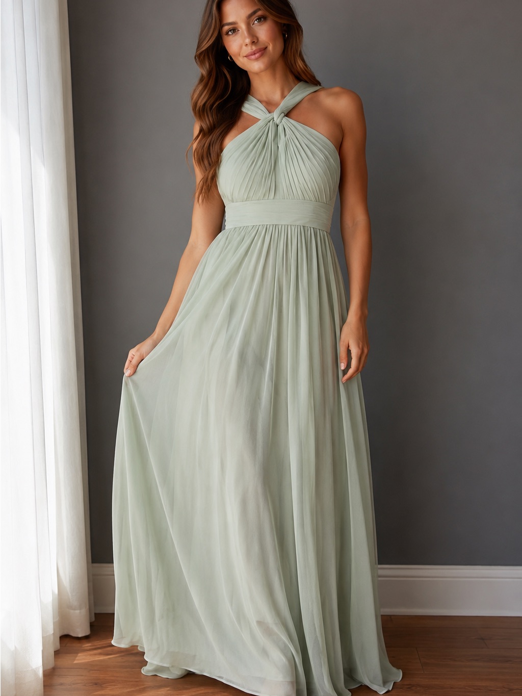 David's Bridal Sage Twisted Halter Chiffon Maxi Dress